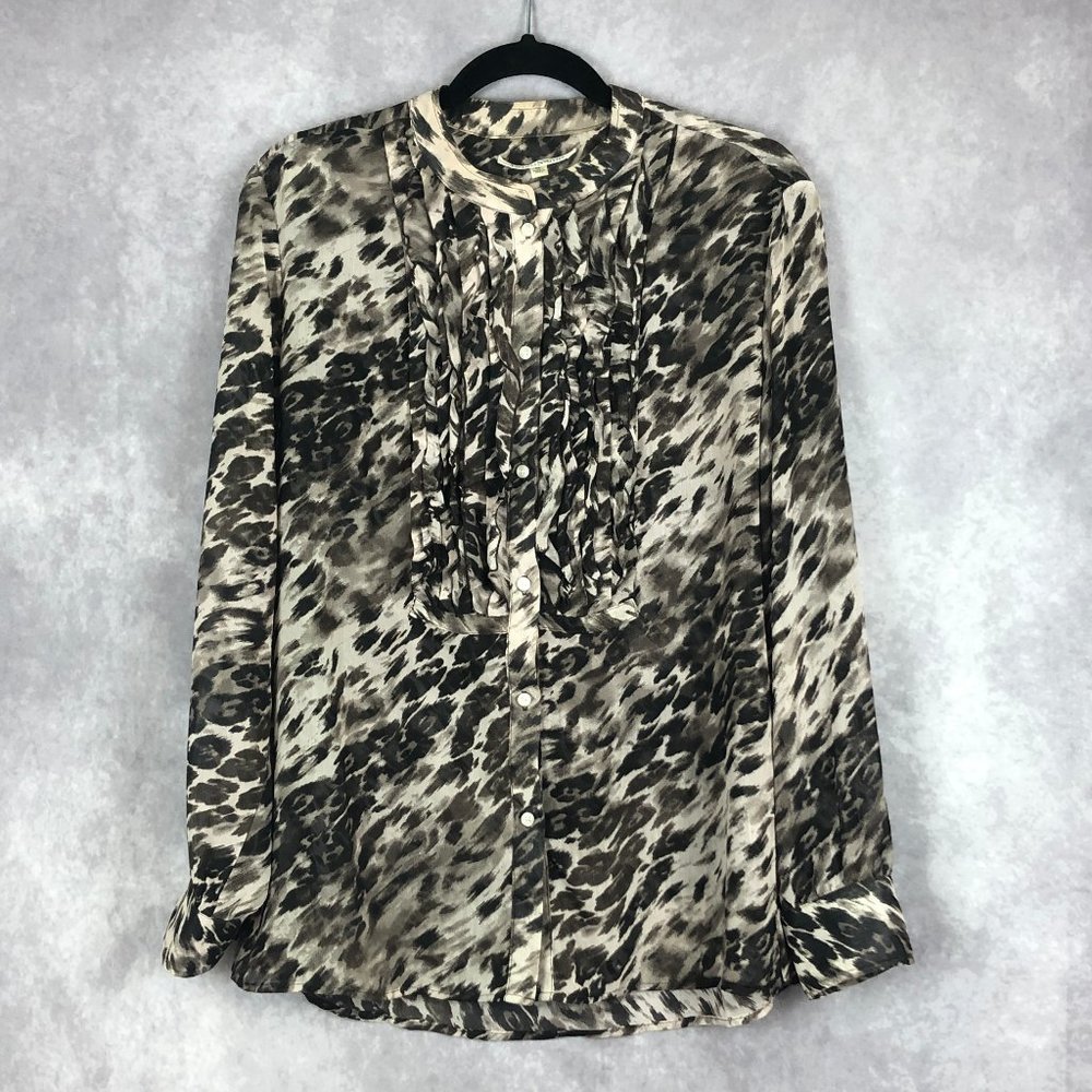 TravelSmith Blouse Womens Medium Gray Animal Print Excellent Ruffle Button Up
